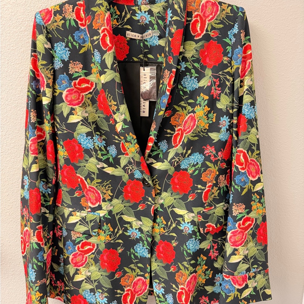 Alice + Olivia Black Floral Blazer with Red and Green